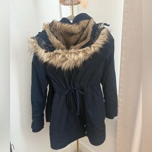 Hollister Black Puffer Parka with Faux Fur Hood Trim